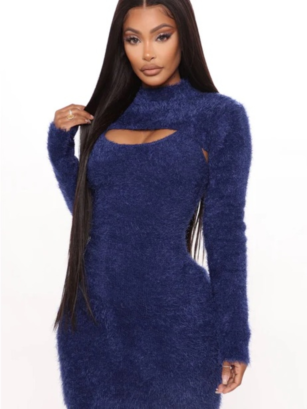 Fashion Nova Navy Fuzzy Cutout Long Sleeve Dress